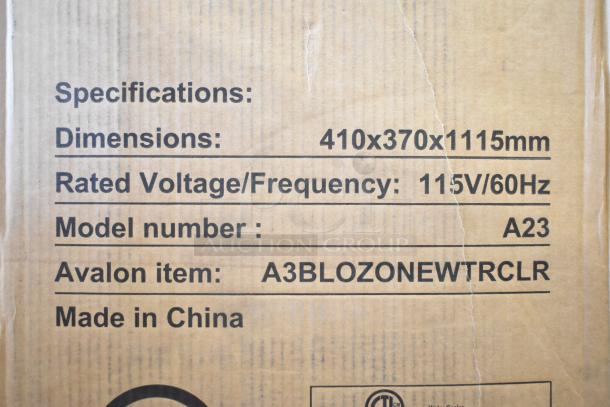 Cardboard box with specifications: Dimensions 410x370x1115mm, 115V/60Hz, Model A23, Avalon item A3BLOZONEWTRCLR, Made in China.