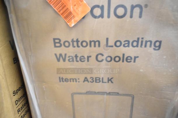 Avalon A3BLK bottom loading water cooler packaging; new condition, scratch and dent noted; label indicates model number.