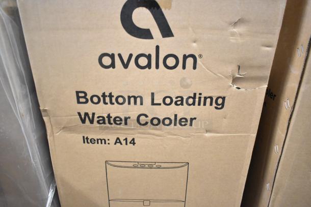 Avalon A14 Bottom Loading Water Cooler box showing brand and model; stock picture, some box creasing. Brand new condition.