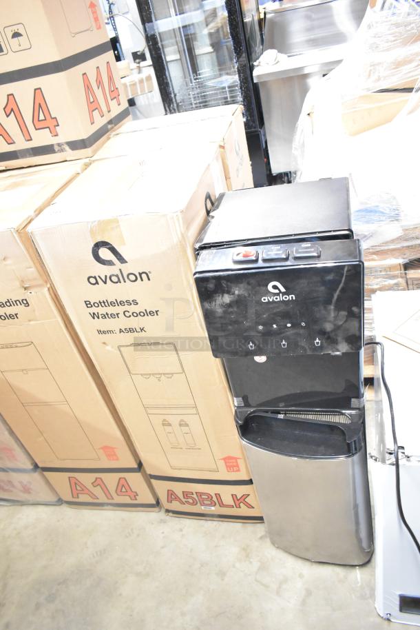 Brand new Avalon A5BLK self-cleaning bottleless water cooler dispenser. Visible box label reads "Avalon A5BLK."