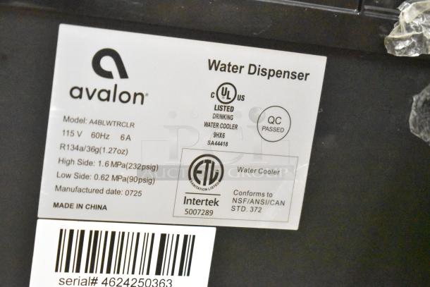 Alt text: Label of Avalon A5BLK self-cleaning bottleless water cooler dispenser, model A4BLWTRCLR, QC passed, made in China.