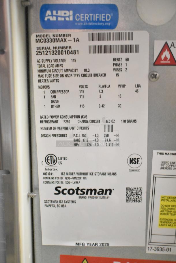 BRAND NEW 2025 Scotsman MC0330MAX-1A Prodigy Elite Ice Machine label showing model, serial number, and voltage details.