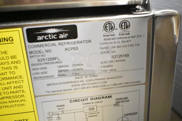 Arctic Air ACP63 63" Refrigerated Prep Station, brand new, scratch and dent condition, 115V, model label showing specs.