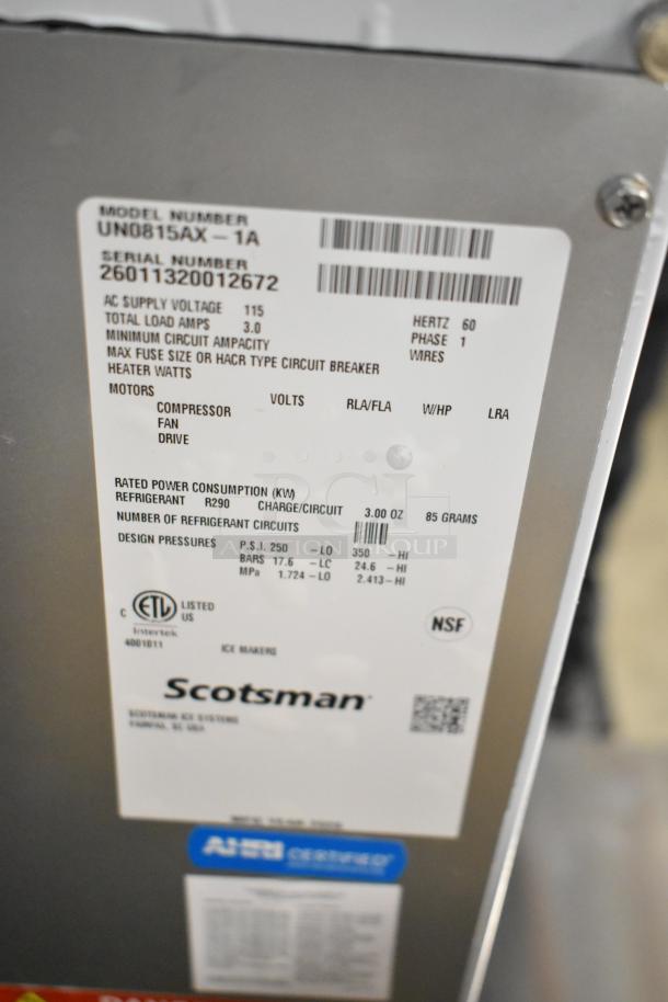 Scotsman UN0815AX-1A undercounter nugget ice machine label, 115 volts, scratch and dent condition, 2026 model.