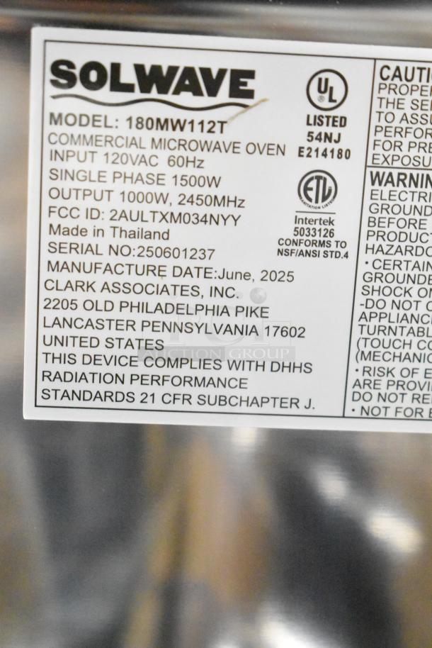 BRAND NEW Solwave 180MW112T stackable commercial microwave. Large 1.2 cu. ft. interior, push button controls, 120V, 1 phase. Manufacture date: June 2025.