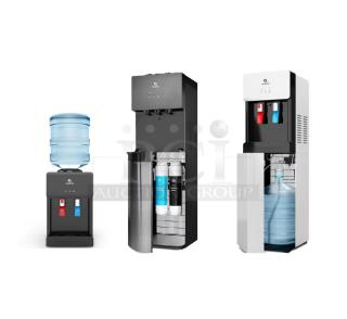 Three Avalon water coolers: A1 top-loading, A7B fountain, A6W bottom-loading. New, scratch and dent condition.