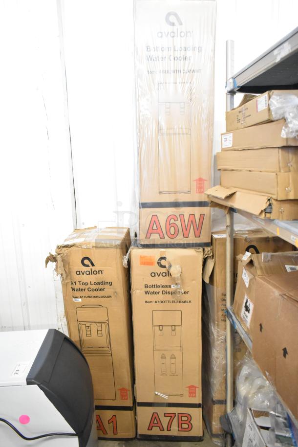 Avalon water coolers in boxes: A1 top loading, A7B bottless, A6W bottom loading. New, scratch and dent items.