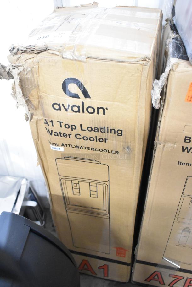 Avalon A1 Top Loading Hot & Cold Water Cooler box, slightly damaged, labeled item A1TLWATERCOOLER. Includes three items.