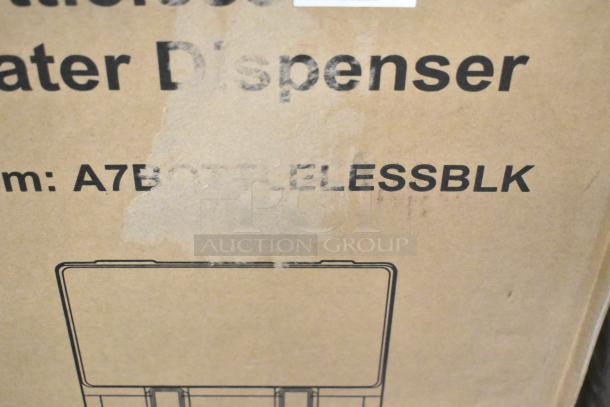 Cardboard box showing partial text "Water Dispenser" and model "A7BOTTLELESSBLK," indicating an Avalon water cooler.