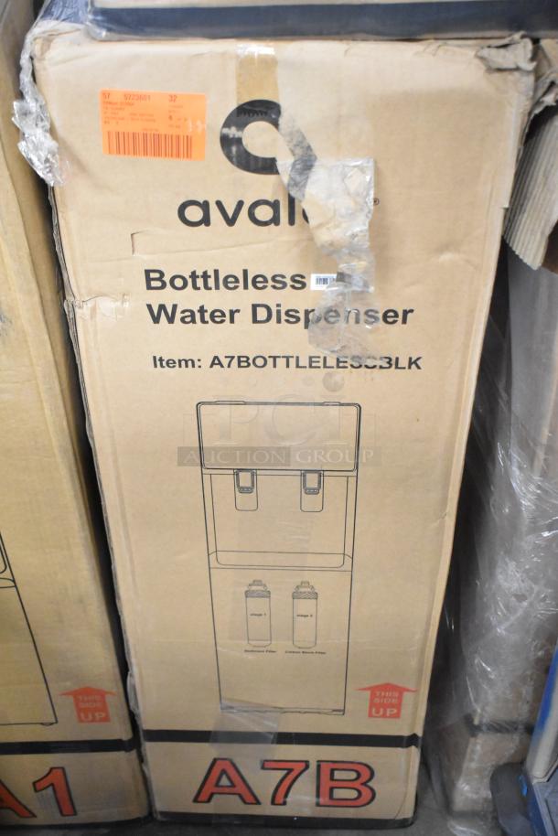 Avalon A7B box with model number A7BOTTLELESC3BLK; labeled "Bottleless Water Dispenser" in manufacturer's packaging.