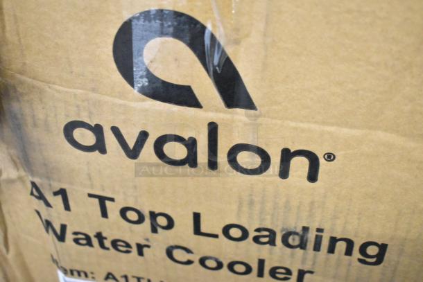 Cardboard box with "Avalon A1 Top Loading Water Cooler" printed, showing brand logo and model name, new condition.