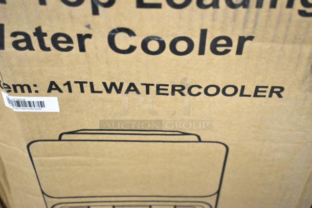 Box for Avalon A1 Top Loading Water Cooler Dispenser; model A1TLWATERCOOLER visible. Scratch and dent condition.