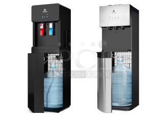 Two brand new Avalon bottom-loading water coolers, including A10BLK and A3F models, with black and silver designs.