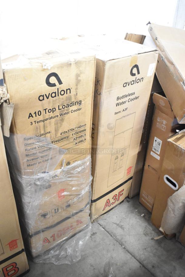 Avalon A10BLK and A3F bottom-loading water coolers in original packaging, showing minor box damage, new condition.