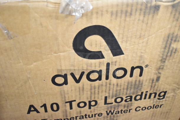 Avalon A10BLK and A3F bottom-loading water coolers in box, showing "Avalon" branding. New condition, scratch and dent stock.