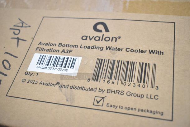 Close-up of Avalon A3F Bottom Loading Water Cooler box with filtration, barcode, and "Easy to open packaging" label.
