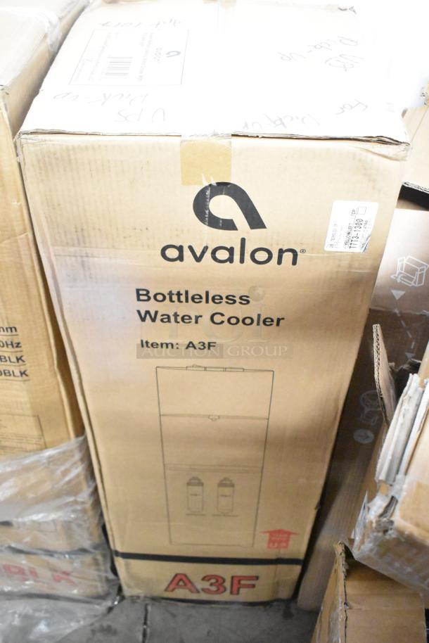 Boxed Avalon A3F Bottom Loading Water Cooler with Filtration, labeled as "Bottless Water Cooler," in new condition.