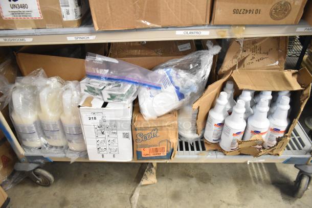 Tier lot of Diversey toilet cleaner, Biotech surface cleaner, and Curad alcohol pads on a shelf, in original packaging.
