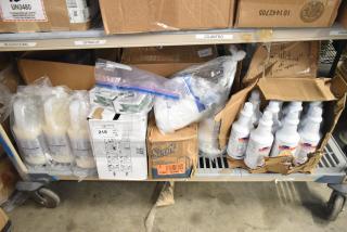 Tier lot of Diversey toilet cleaner, Biotech surface cleaner, and Curad alcohol pads on a shelf, in original packaging.