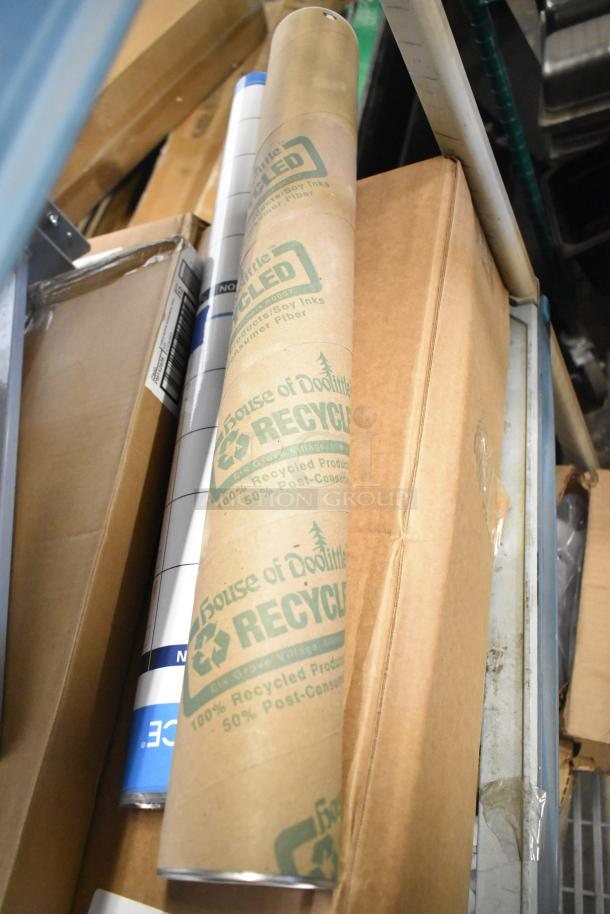 Tier lot of various items including Diversey Emulsion ProX and House of Doolittle recycled paper, in mixed condition.