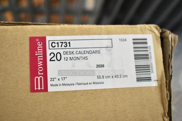 Cardboard box with Brownline C1731 desk calendars label, 20 units for 12 months, 22" x 17", made in Malaysia.