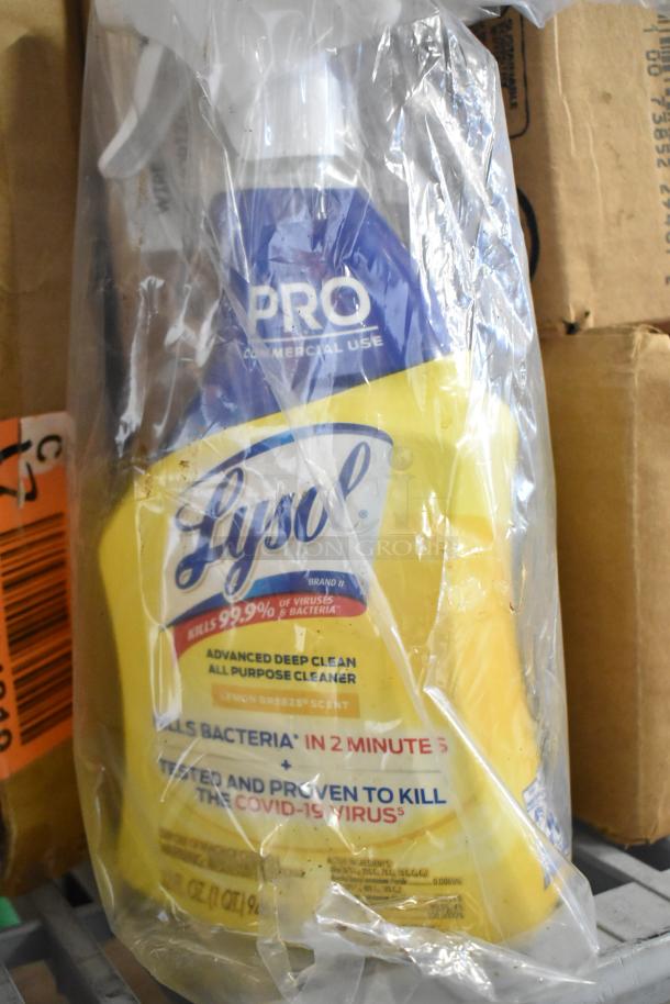 Two-tier lot including Lysol Pro cleaner in sealed packaging, kills 99.9% of germs, displayed with various household items.