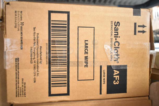 Cardboard box labeled "Sani-Cloth Germicidal Disposable Wipe," 10 boxes with 50 wipes each. Manufacturer info visible.