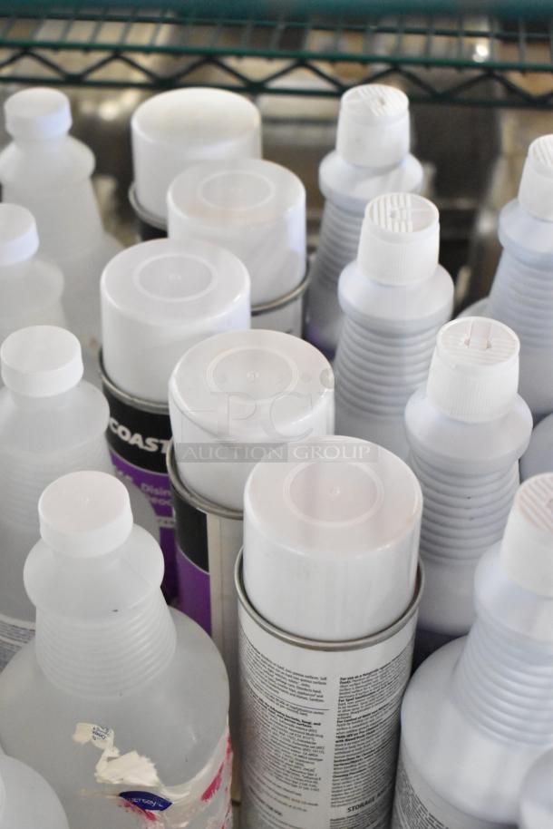 Two-tier lot of various cleaning products including Betco AF79, Coastwide disinfectant, Purell sanitizer foam, and Briotech sanitizer.