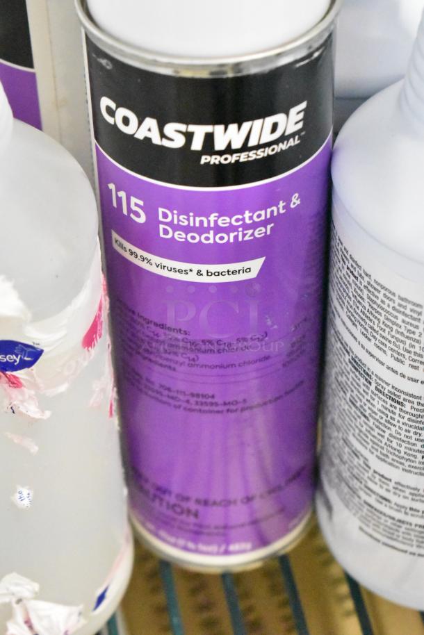 Two-tier lot with Coastwide Disinfectant, Betco AF79 cleaner, Purell hand sanitizer, and Briotech sanitizer.