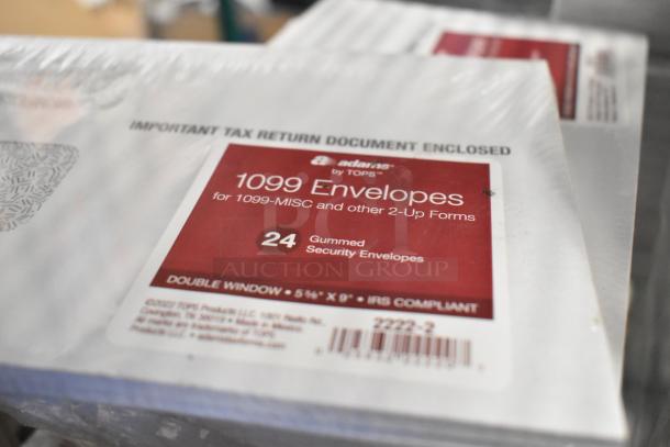 Two-tier lot with 1099 envelopes, marked as gummed security, 24 pack, for 1099-MISC forms, featuring double windows.