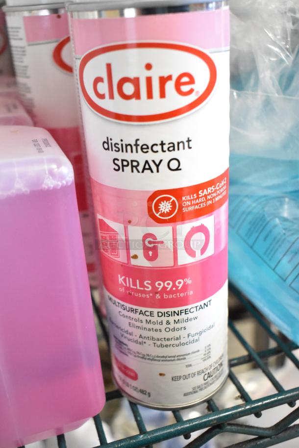 Two-tier lot with Claire Disinfectant Spray Q, labeled for killing 99.9% of viruses and bacteria, and other assorted items.