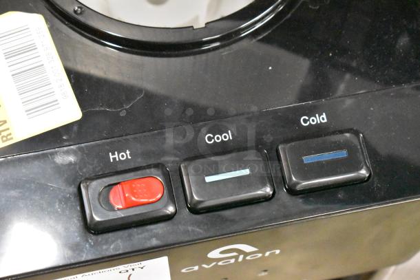 Avalon A11BLK countertop water cooler with hot, cool, and cold settings. Black finish. 115 volts, 1 phase. Brand label visible.