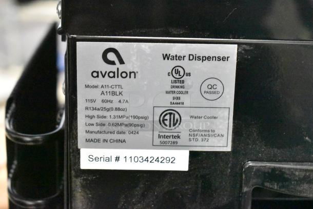 Avalon A11BLK countertop water cooler label indicating model, voltage, and certifications. Serial #1103424292.