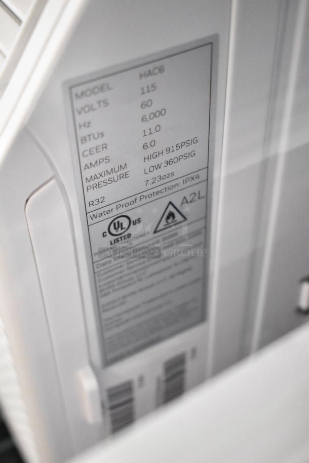 BRAND NEW SCRATCH AND DENT Honeywell HAC6 6,000 BTU air conditioner label. Model: HAC6, 115 Volts, CEER 11.0.