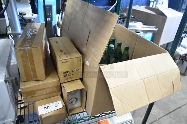 6 brand new scratch and dent items: Avalon filter, Avalon cup dispenser, Sony UPP-110HG roll, bottles in boxes.
