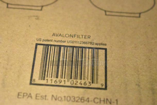 Barcode and information on Avalon Filter box, showing US patent number US011123667B2 and EPA Est. No.103264-CHN-1.