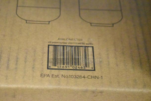 Cardboard box showing "Avalon Filter" label, barcode, US patent number US01112366782, and EPA Est. No.103264-CHN-1.
