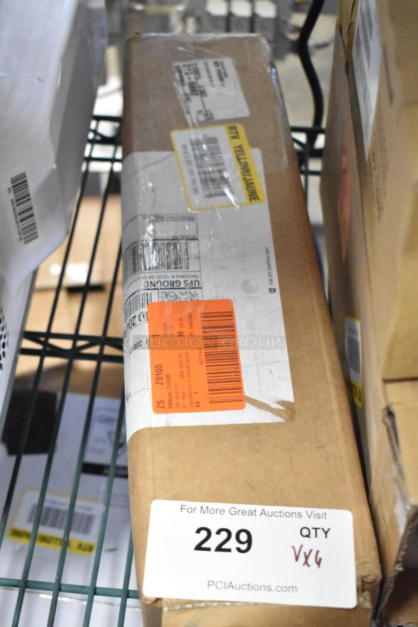 Box containing 6 new scratch and dent items, including Avalon filter, cup dispenser, Sony roll. Shipping labels visible.