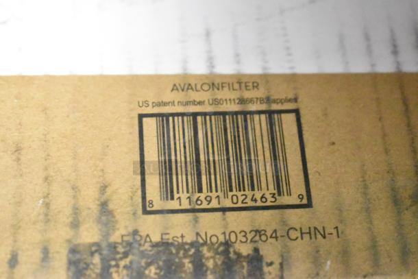 Barcode label on Avalon Filter box with US patent number US011128667B2, indicating new scratch and dent items for auction.