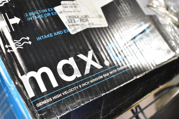 Box of a Genesis High Velocity 9-Inch Window Fan with thermostat, featuring reversible airflow, tags showing item details.