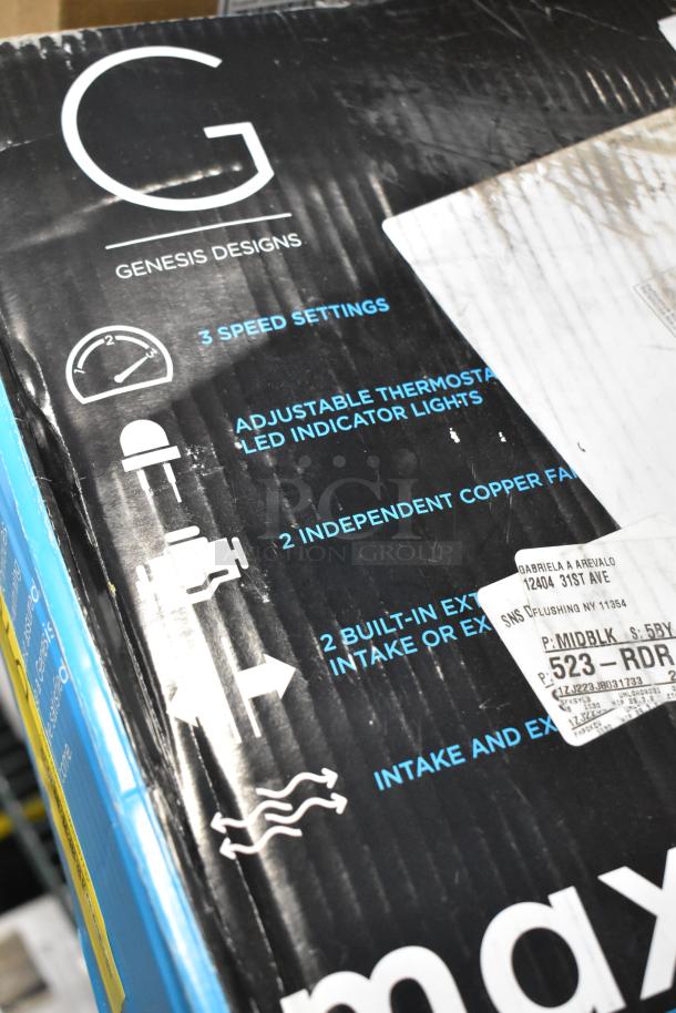 Genesis Designs fan packaging showing features: 3 speed settings, adjustable thermostat, LED indicator lights.