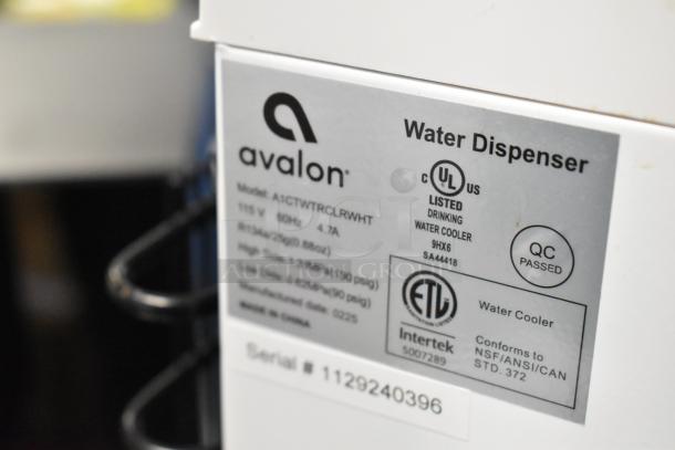 Avalon A1CTWTRCLRWHT water cooler label showing model, UL and ETL listings, and QC passed seal. 115V, 1 Phase.