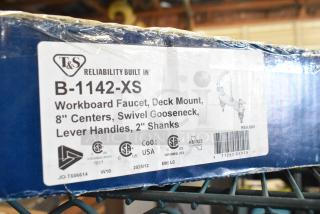 BRAND NEW T&S B-1142-XS deck mount faucet, 8" centers, 5 3/4" gooseneck, escutcheon, tailpieces, minor scratches.