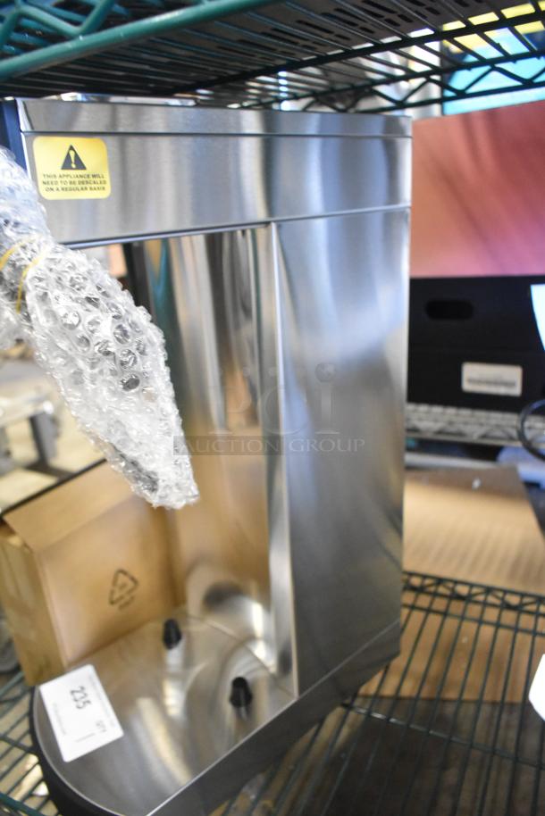 Brand new Avantco 177C15 pourover airpot coffee brewer, stainless steel, 120 volts, minor dents, with warning sticker.