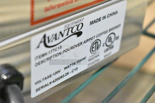 Alt text: "Avantco 177C15 Pourover Airpot Coffee Brewer label, showing model and serial number, 120V 1650W, made in China."