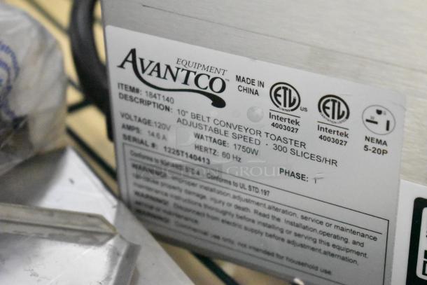 "Avantco 184T140 Conveyor Toaster, 10-inch wide, 3-inch opening, 1750W, 120V, scratches; label shows model specs, 300 slices/hr."