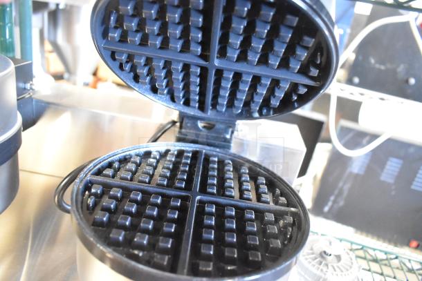 BRAND NEW 2024 Carnival King 382WSM22 non-stick double waffle maker with timers; 120 volts, 1 phase; open view.