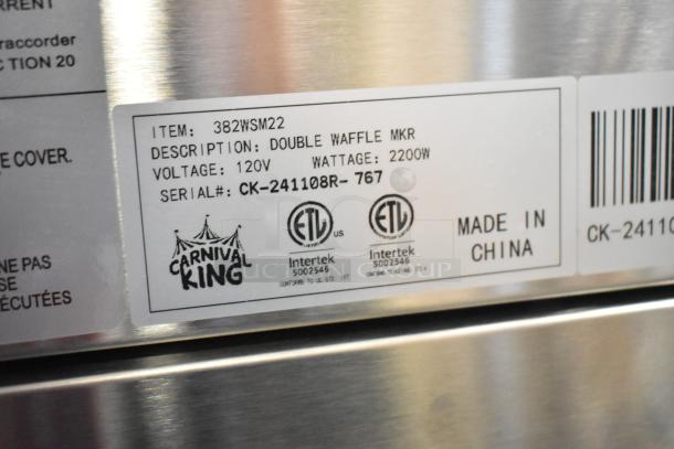 BRAND NEW 2024 Carnival King 382WSM22 Double Waffle Maker, non-stick, timers, 120V, 2200W, ETL-certified, Made in China.