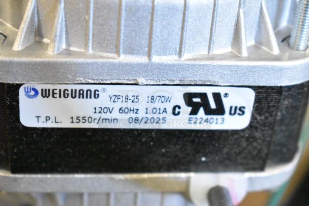 Weiguang motor label showing model YZF18-25, 18/70W, 120V, 60Hz, 1.01A, RPM 1550, manufactured 08/2025.