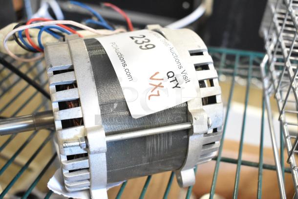 Auction item image showing a new Avantco condenser fan motor with label "QTY 2," indicating scratch and dent condition.